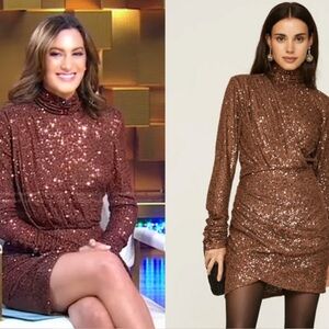 $458 Ronny Kobo Brown Sequin Long Sleeve Mini Dress Large